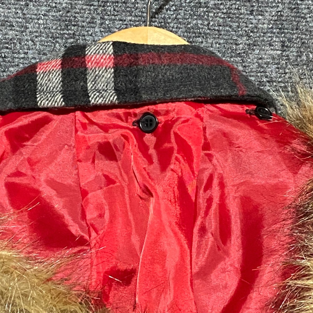 Urban Republic Women's XL Plaid Double Breasted‎ Pea Coat Faux Fur Hood Pockets - Picture 6 of 14